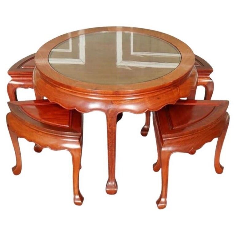 Oriental Asian Rosewood Tea Table With Set Of 4 Seat