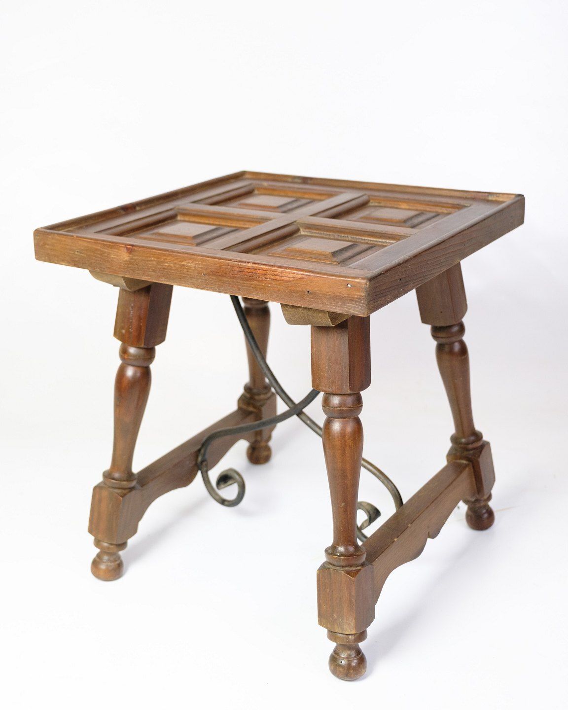 Side Table In Dark Wood & Turned Legs With Metal Struts From 1930s photo for sale