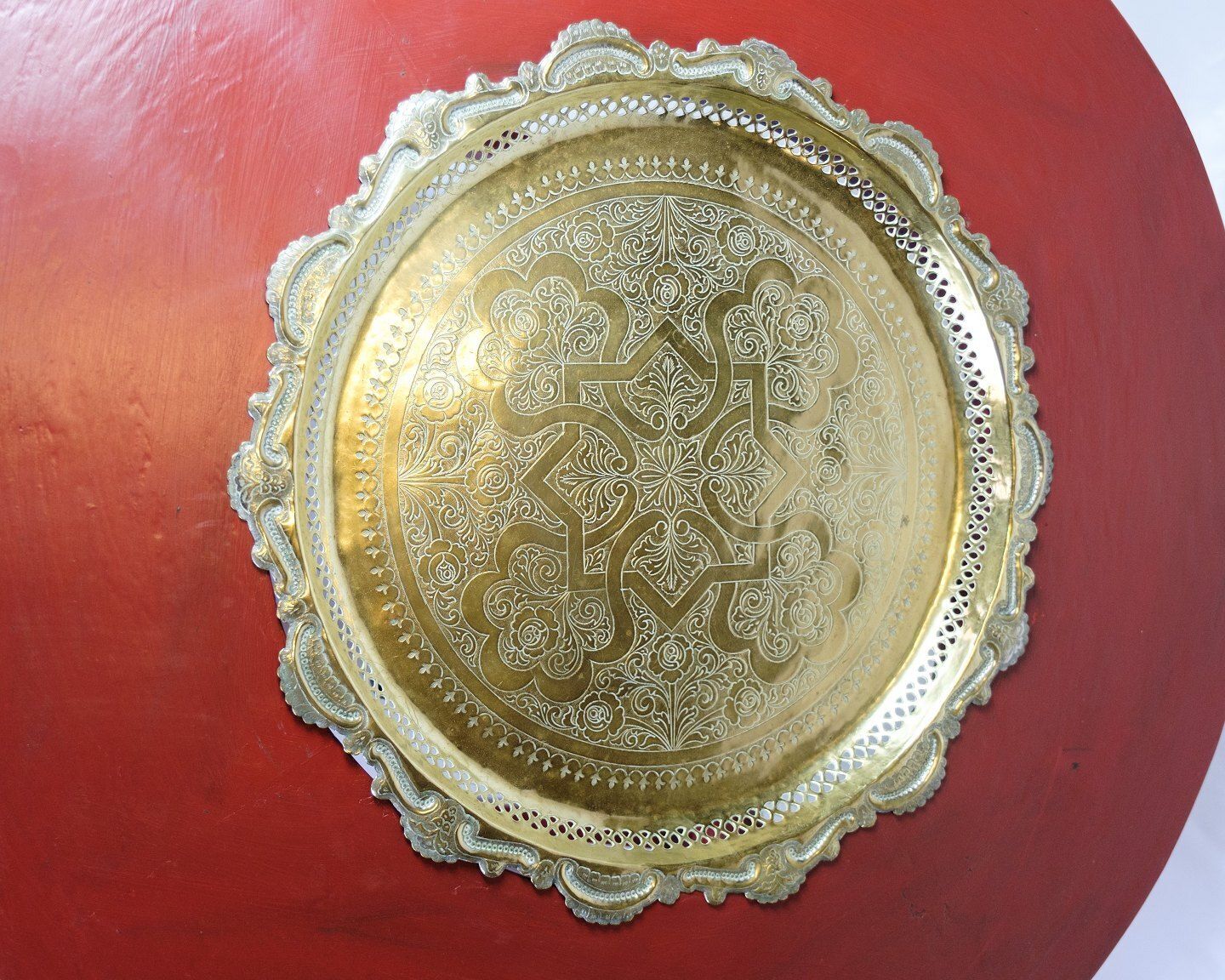 Antique Round Red Painted Coffee Table With Built In Brass Tray   Painted Wood & Brass   Chinese Style   1890s photo for sale
