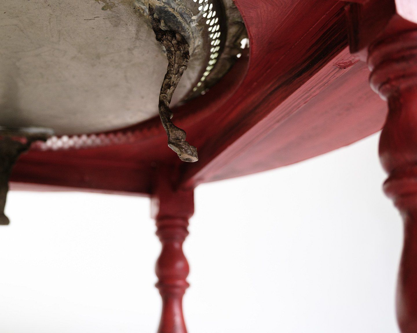 Antique Round Red Painted Coffee Table With Built In Brass Tray   Painted Wood & Brass   Chinese Style   1890s photo vintage