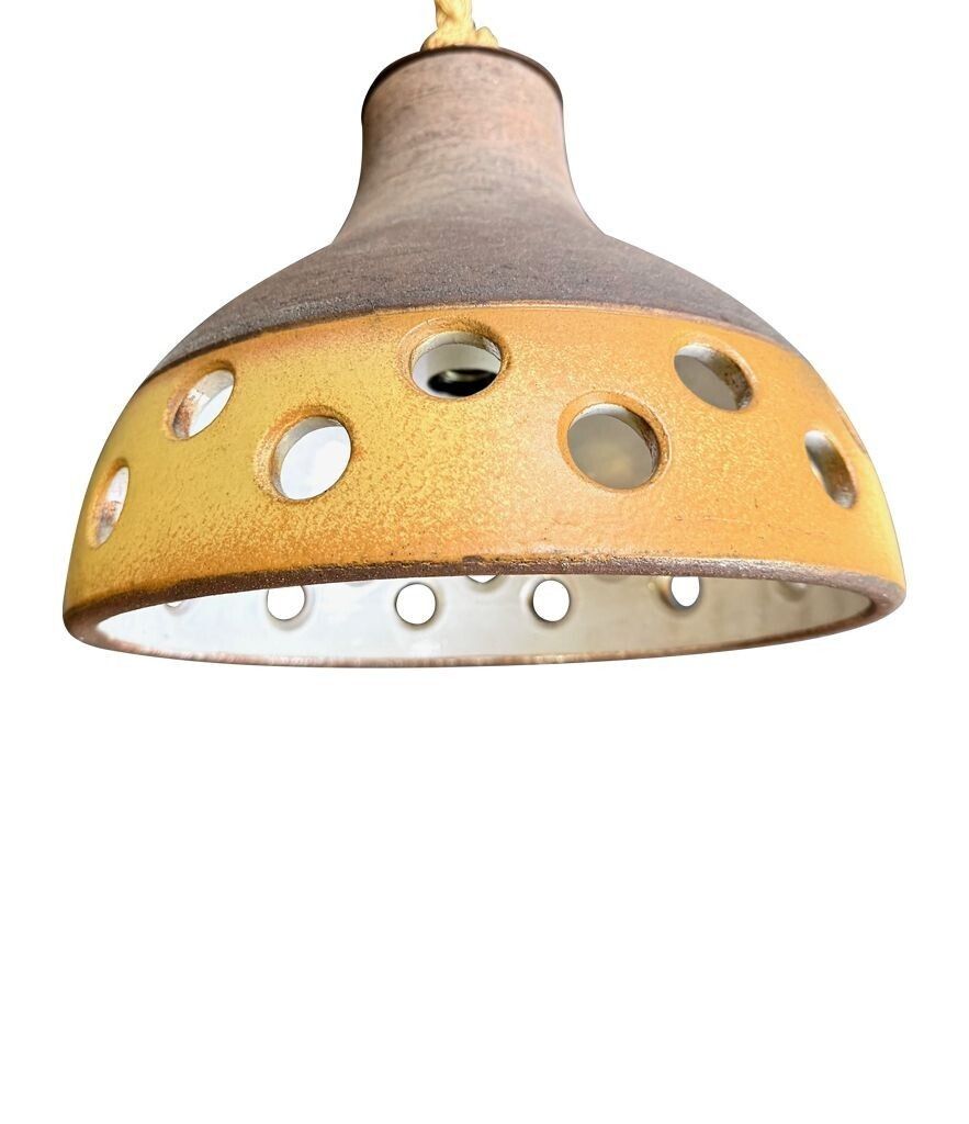 A Set Of Three 1960s French Glazed Ceramic Ceiling Lights Suspended From Thick Knotted Rope photo furniture