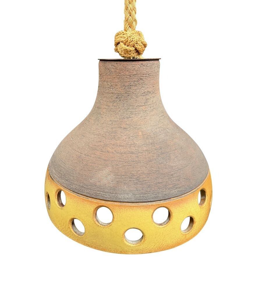 A Set Of Three 1960s French Glazed Ceramic Ceiling Lights Suspended From Thick Knotted Rope photo 2150.0
