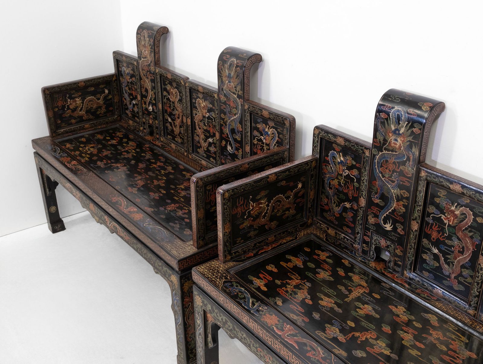 Stunning Pair Of Early 20th Century Chinese Black Lacquer Gilt & Polychrome Painted Bench Seats photo furniture