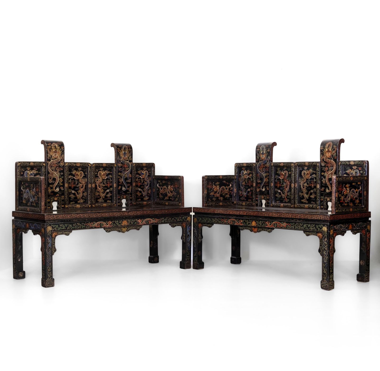 Stunning Pair Of Early 20th Century Chinese Black Lacquer Gilt & Polychrome Painted Bench Seats photo for sale