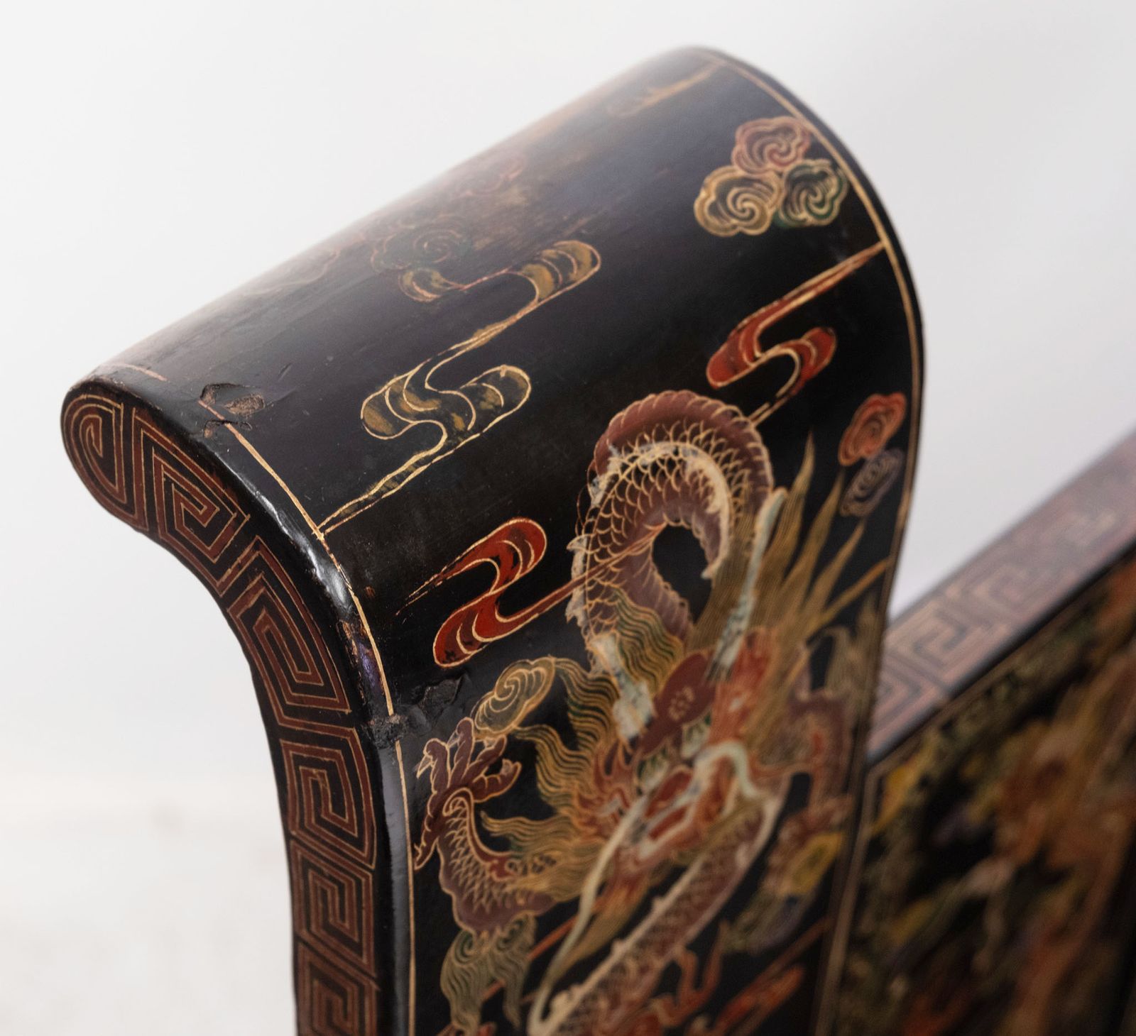 Furniture Stunning Pair Of Early 20th Century Chinese Black Lacquer Gilt & Polychrome Painted Bench Seats photo