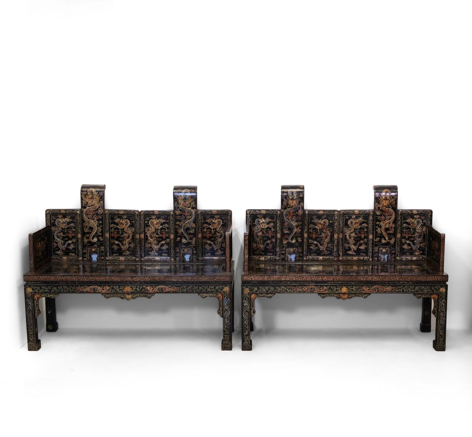 Stunning Pair Of Early 20th Century Chinese Black Lacquer Gilt & Polychrome Painted Bench Seats photo Furniture