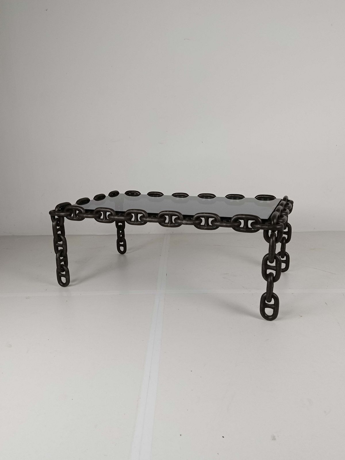 Vintage Brutalist Black Iron Chain Link Coffee Table With Original Smoked Glass, 70s
