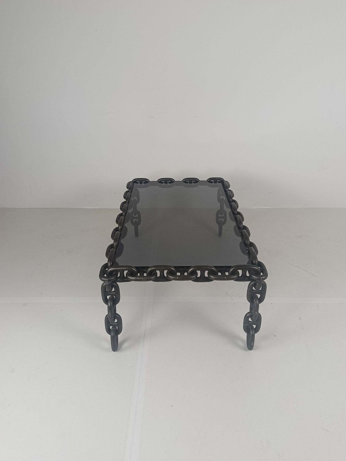 1466.0 Vintage Brutalist Black Iron Chain Link Coffee Table With Original Smoked Glass, 70s photo