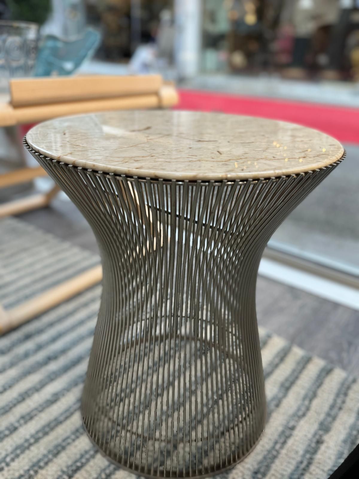Knoll& Waren Platner, Pair Of Steel Side Tables, Beige Veined White Marble Top photo vinterior
