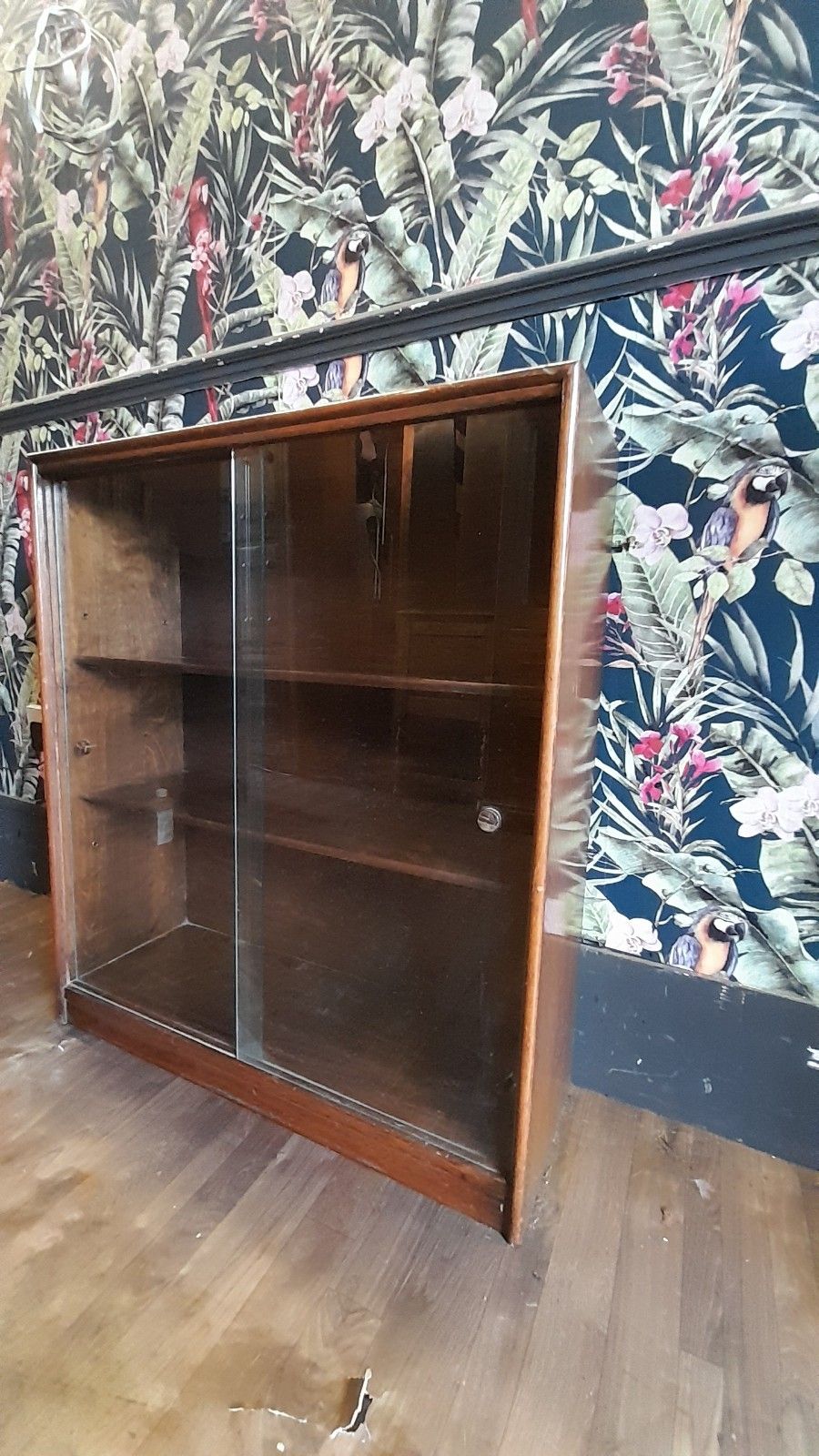 Vintage Bookcase With 2 Shelves And Removable Glass Sliding Doors photo vinterior