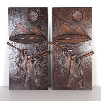 Wall Relief Of Traditional Slovakian Mountain Shepherds From Ruch Liberec, Former Czechoslovakia, 1970s, Set Of 2