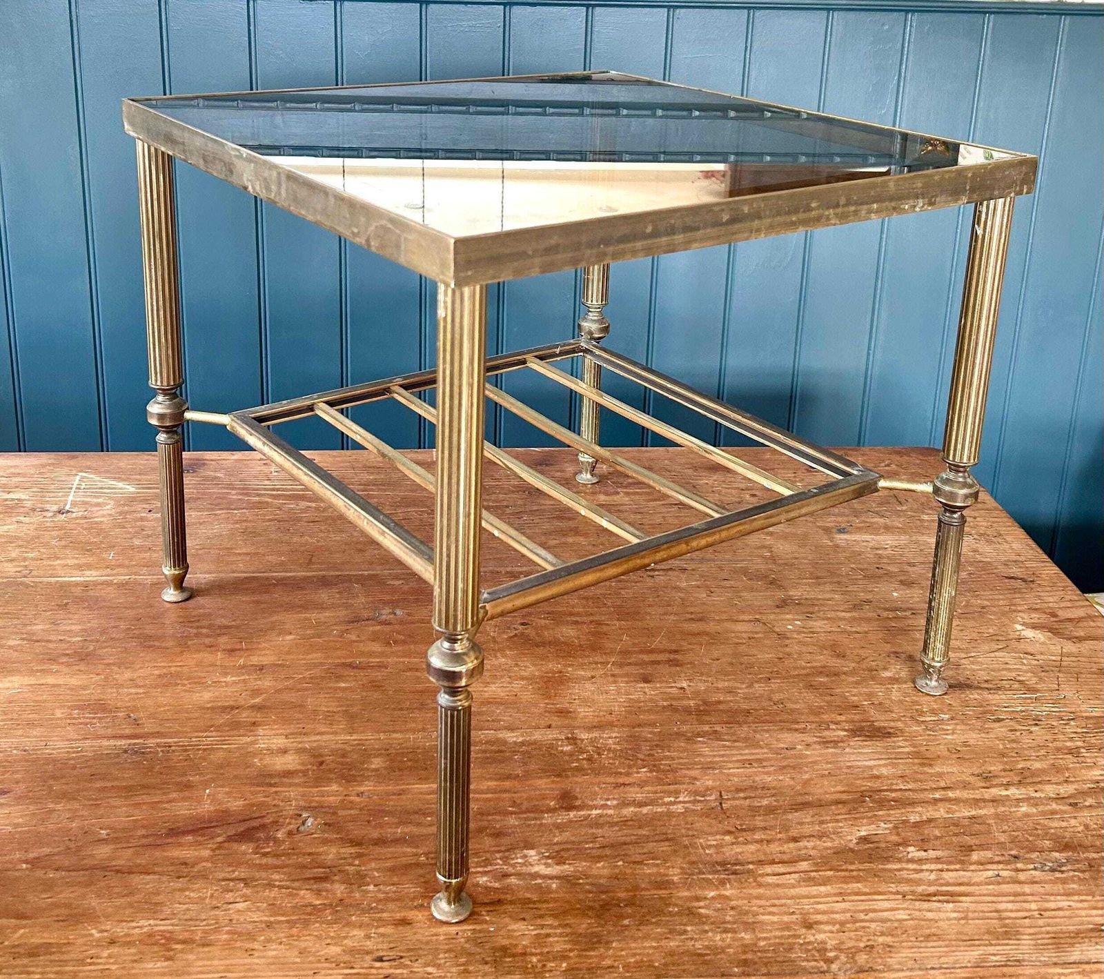 French Empire Mid Century Brass Side Coffee Table Vintage Antique Industrial Retro Occasional Glass Regency photo for sale