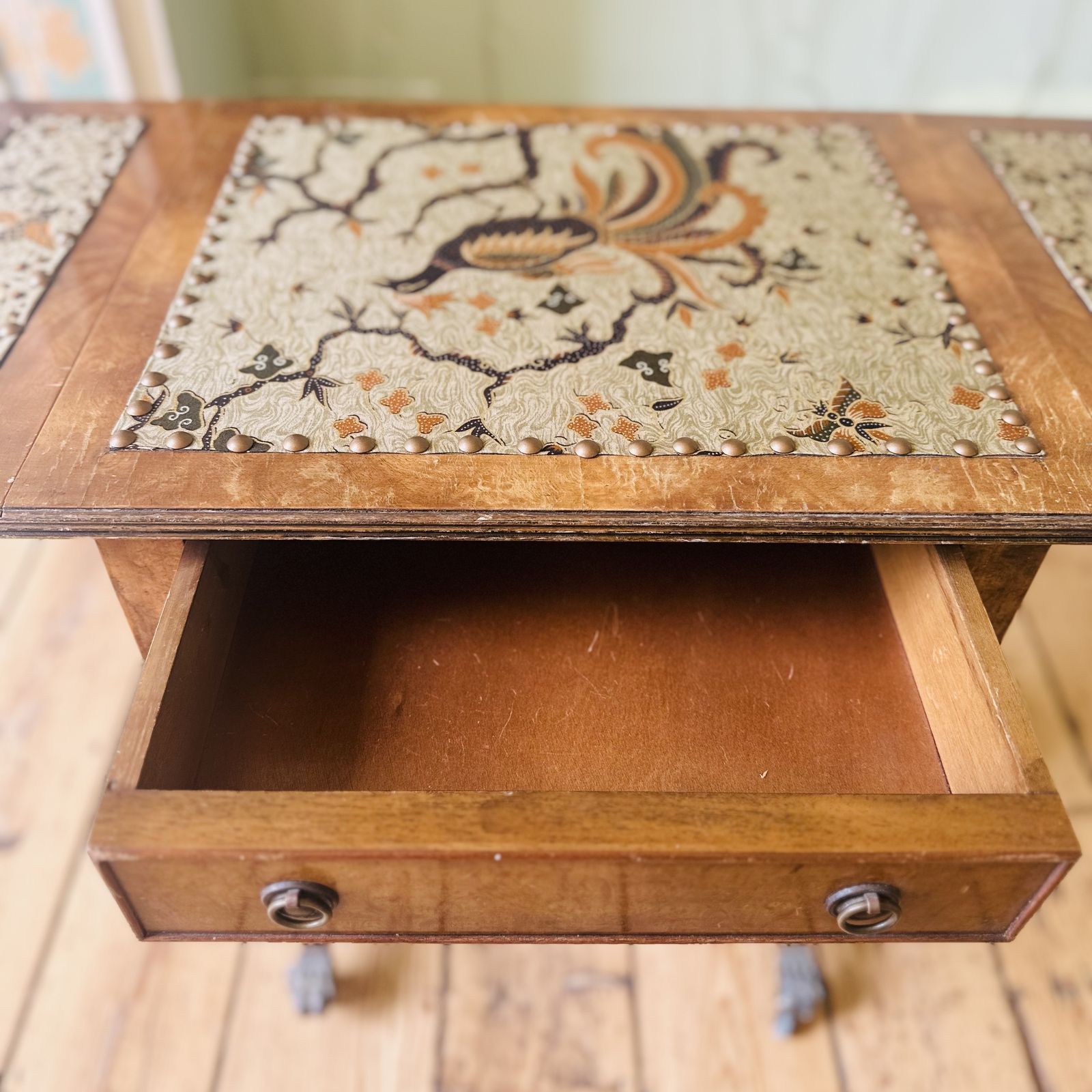 Bevan Funnell Upholstered Extending Burr Yew Wood Side End Lamp Card Table photo 245.0