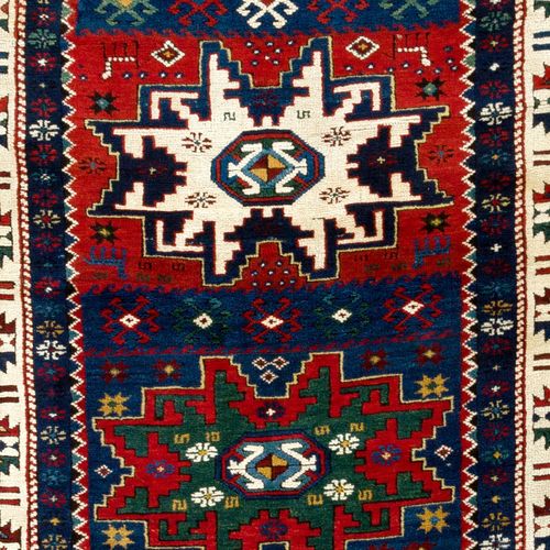 3.7x8.3 Ft Antique Caucasian Karabagh Kazak Rug With Lesghi Stars, Ca 1890 photo for sale