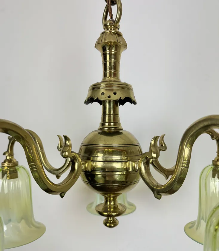 Five Arm Brass Chandelier With Glass Shades (91081) photo for sale