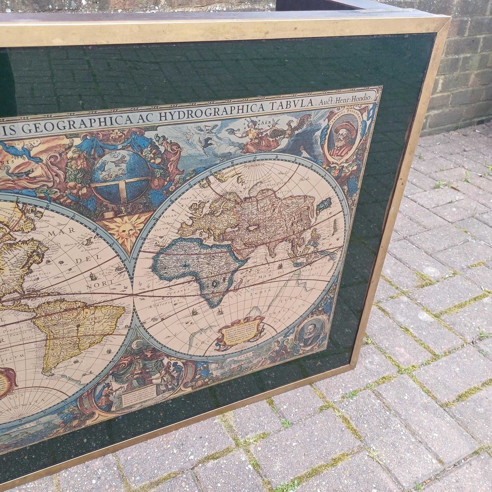 Vintage Retro Explorer’s Coffee Table 17th Century World Map Under Glass With Brass Frame, Teak Legs, Mid Century Style photo Furniture
