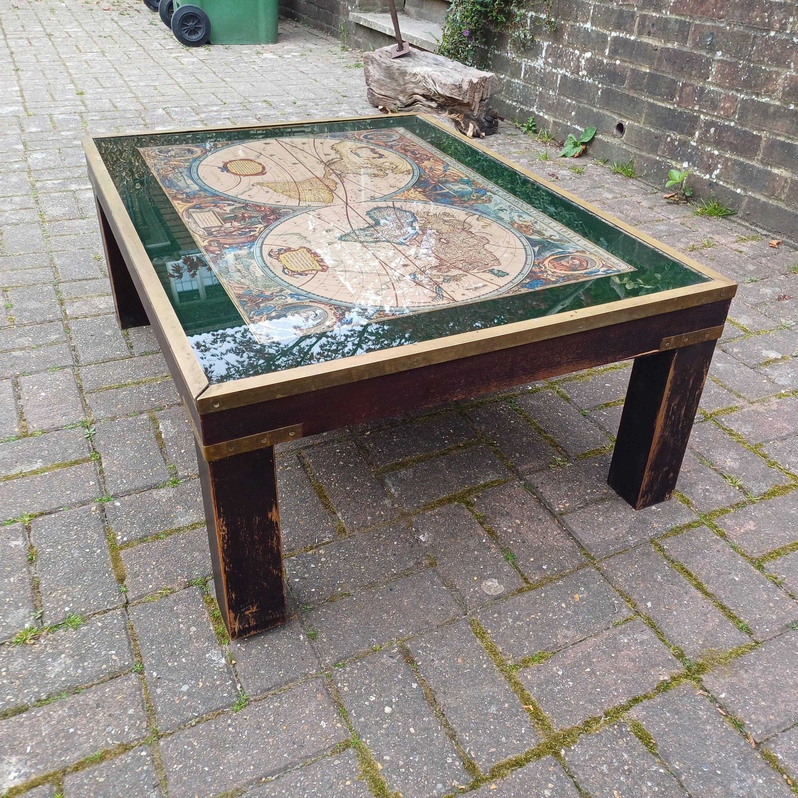Vintage Retro Explorer’s Coffee Table 17th Century World Map Under Glass With Brass Frame, Teak Legs, Mid Century Style photo vinterior