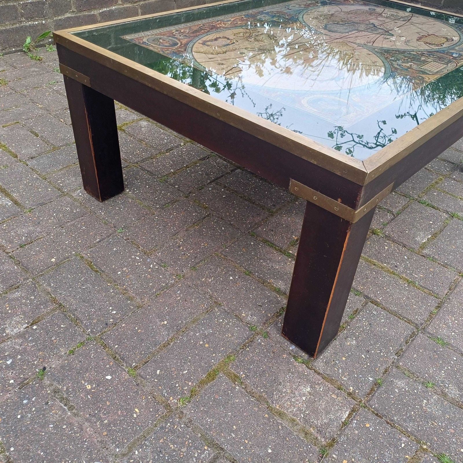 Vintage Retro Explorer’s Coffee Table 17th Century World Map Under Glass With Brass Frame, Teak Legs, Mid Century Style photo vintage