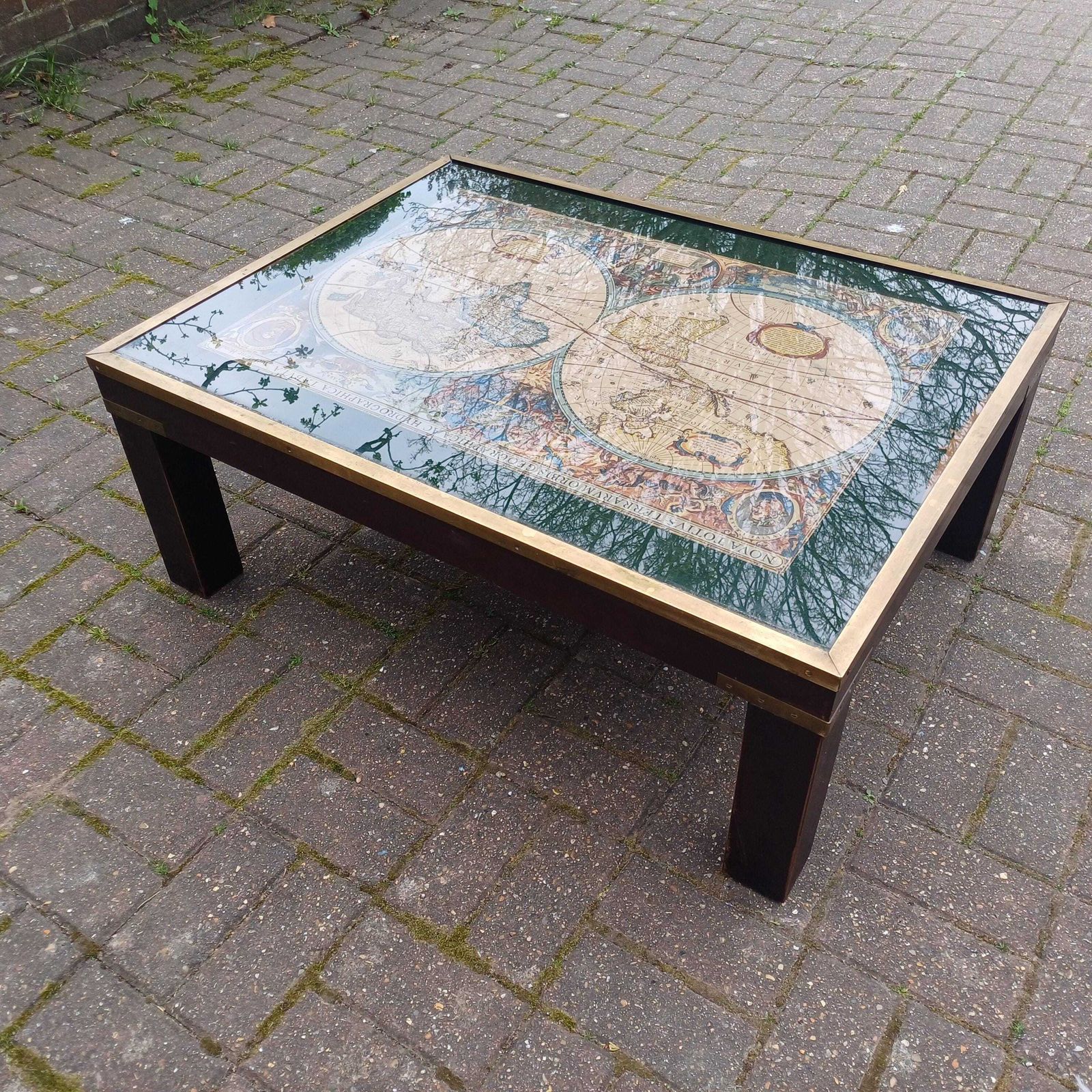photo for sale Vintage Retro Explorer’s Coffee Table 17th Century World Map Under Glass With Brass Frame, Teak Legs, Mid Century Style