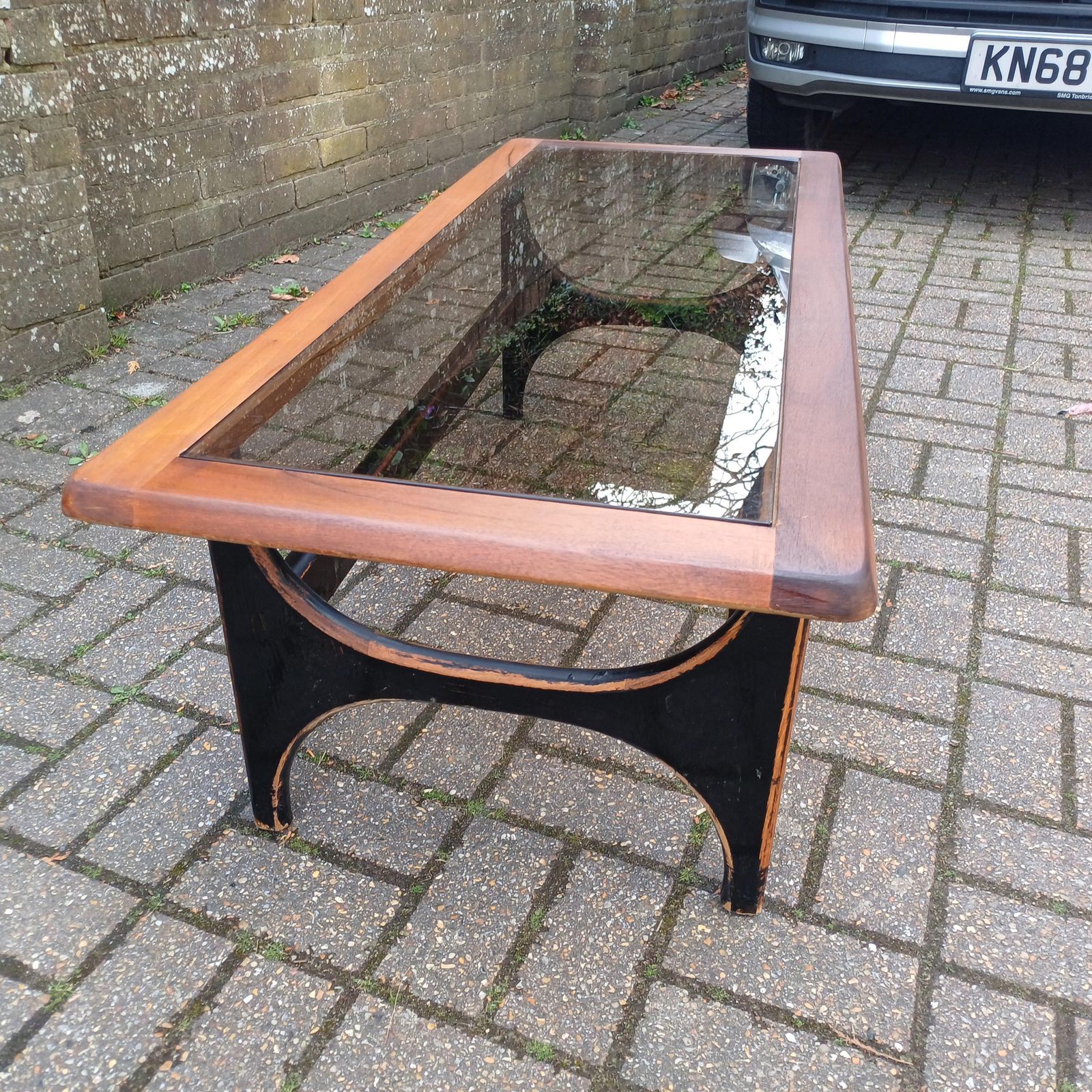 Unique 1970s Danish Style Coffee Table Smoked Glass Top, Black Painted Base, Distressed Upcycled Finish photo buy