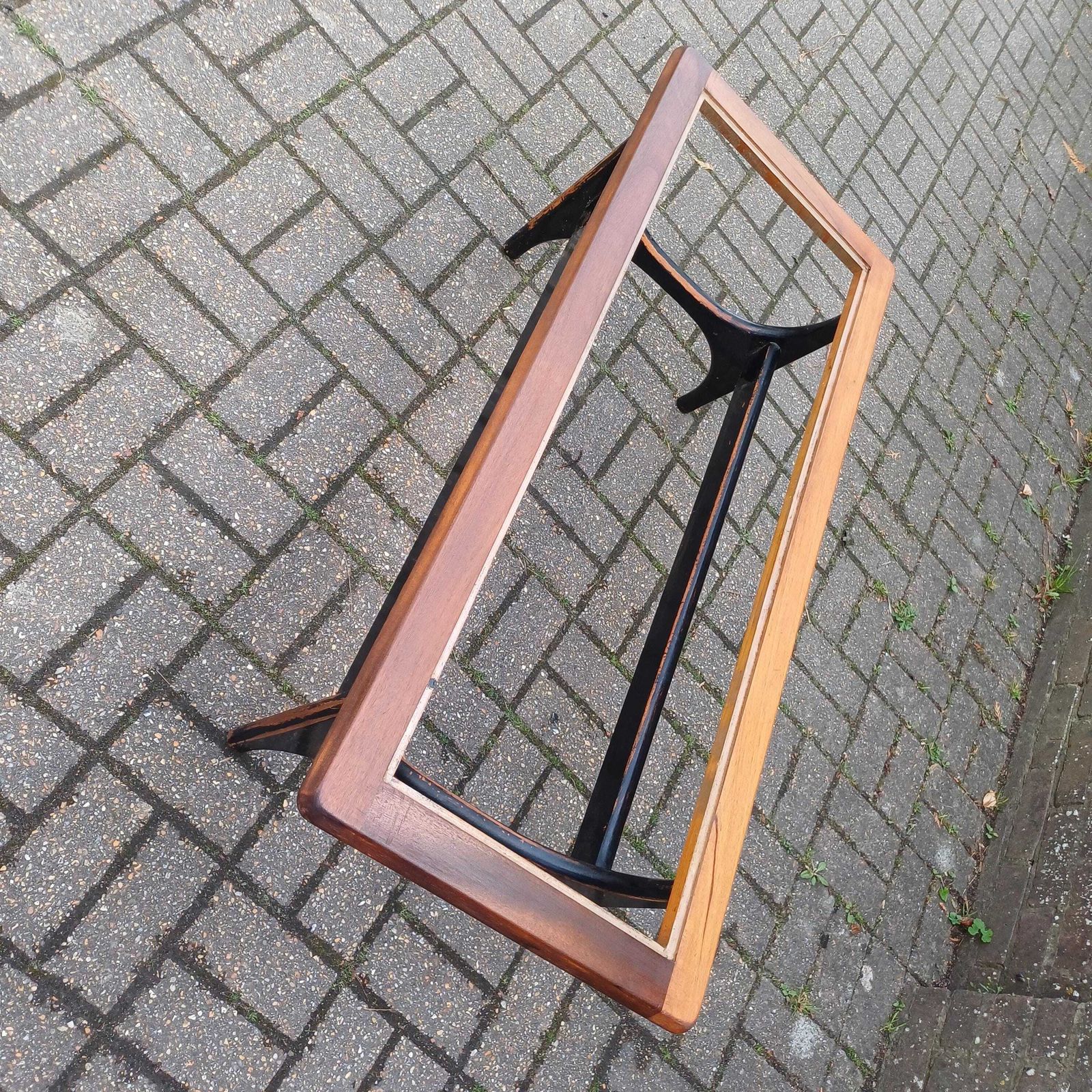 Unique 1970s Danish Style Coffee Table Smoked Glass Top, Black Painted Base, Distressed Upcycled Finish photo vintage
