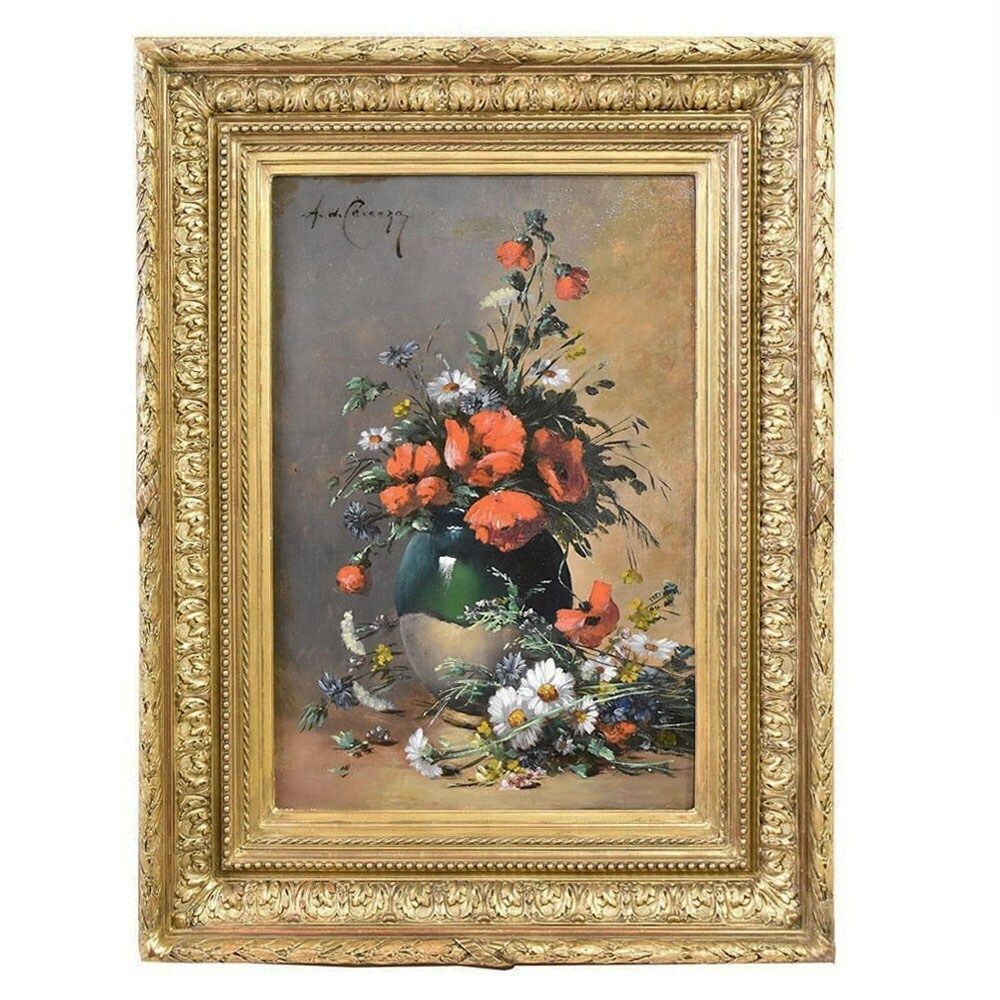 Antique Painting With Flowers, Poppies, Still Life Oil Painting, XIX Century. (Qf472)