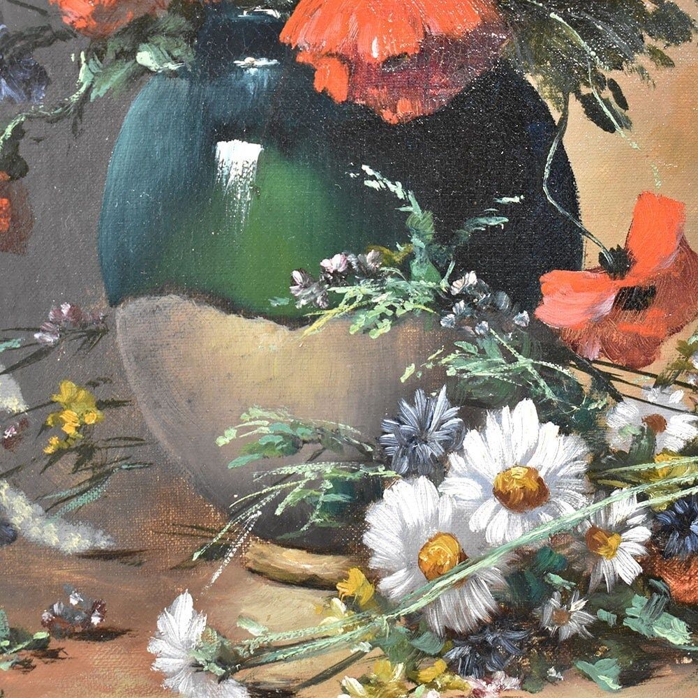 Antique Painting With Flowers, Poppies, Still Life Oil Painting, XIX Century. (Qf472) photo 1700.0