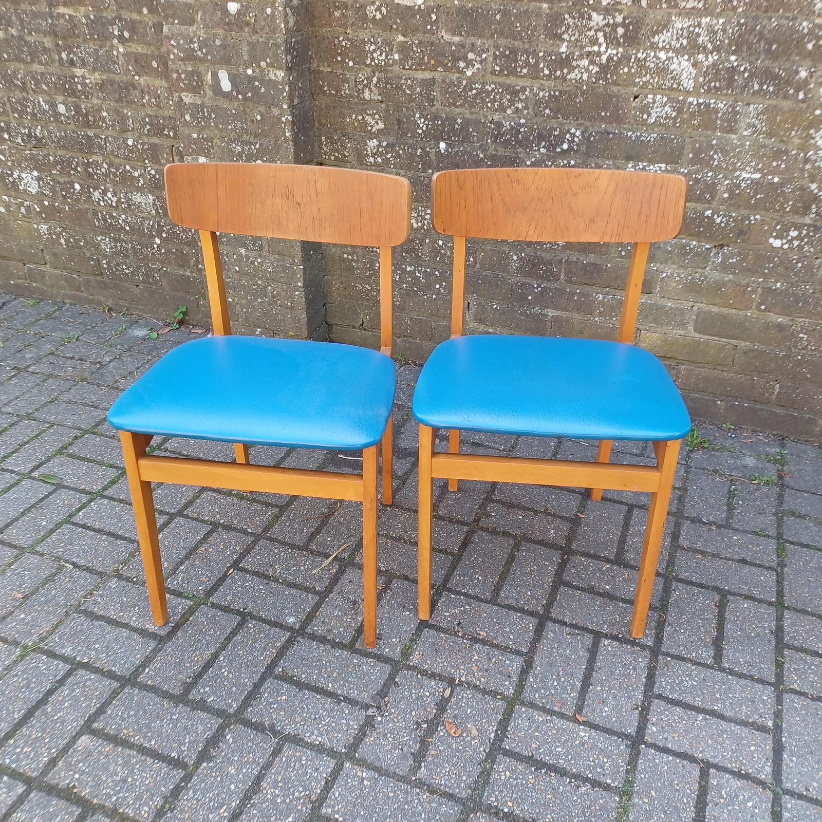 Pair Of Mid Century Modern Retro Dining Chairs Solid Wood Frames With Blue Vinyl Seats