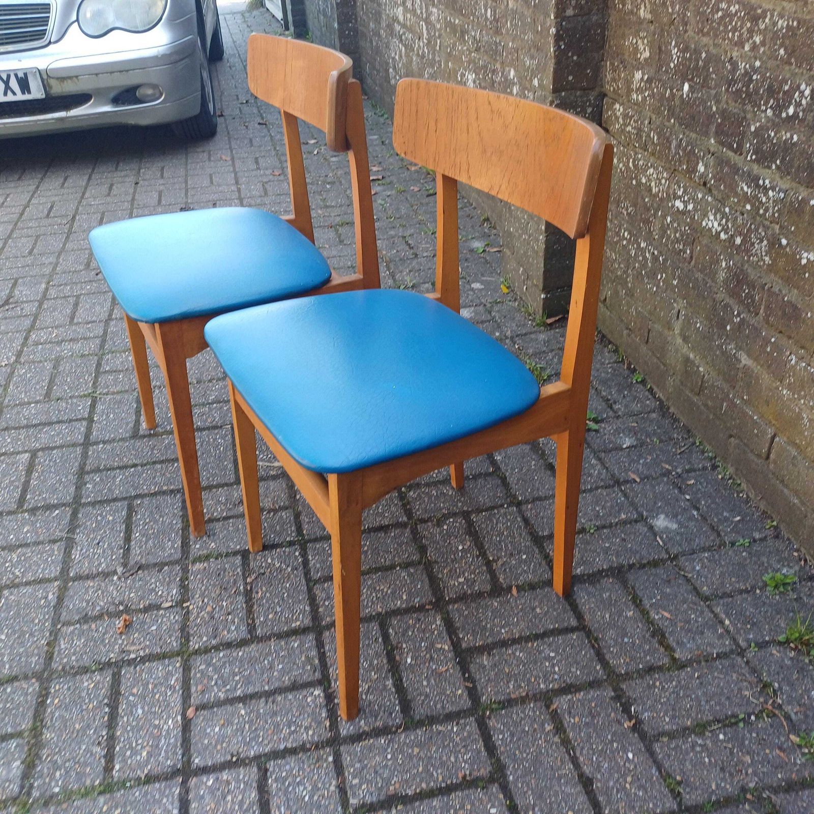 Pair Of Mid Century Modern Retro Dining Chairs Solid Wood Frames With Blue Vinyl Seats photo vinterior