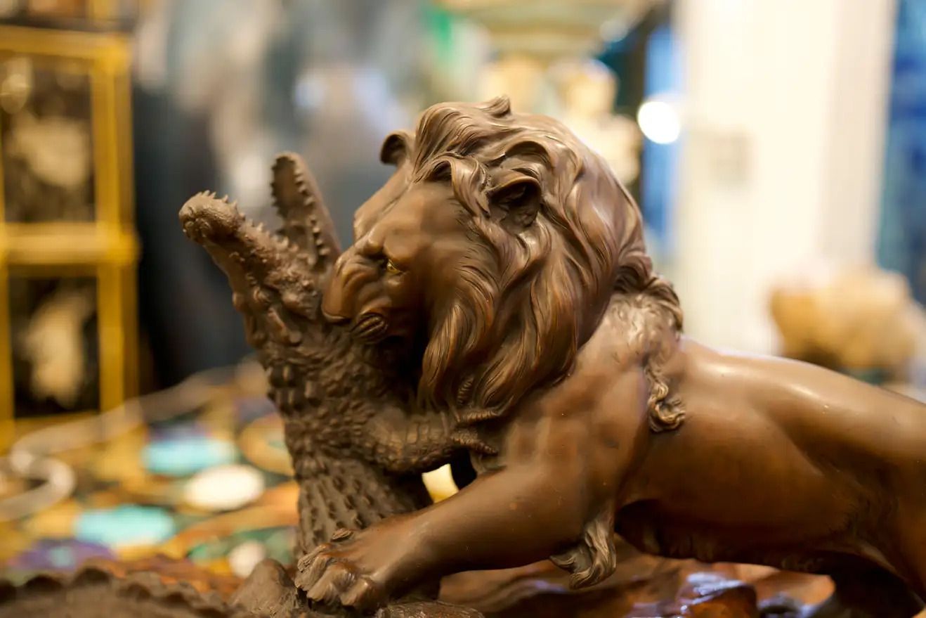 19th Century Bronze Lion And Crocodile On Hardwood Base photo for sale