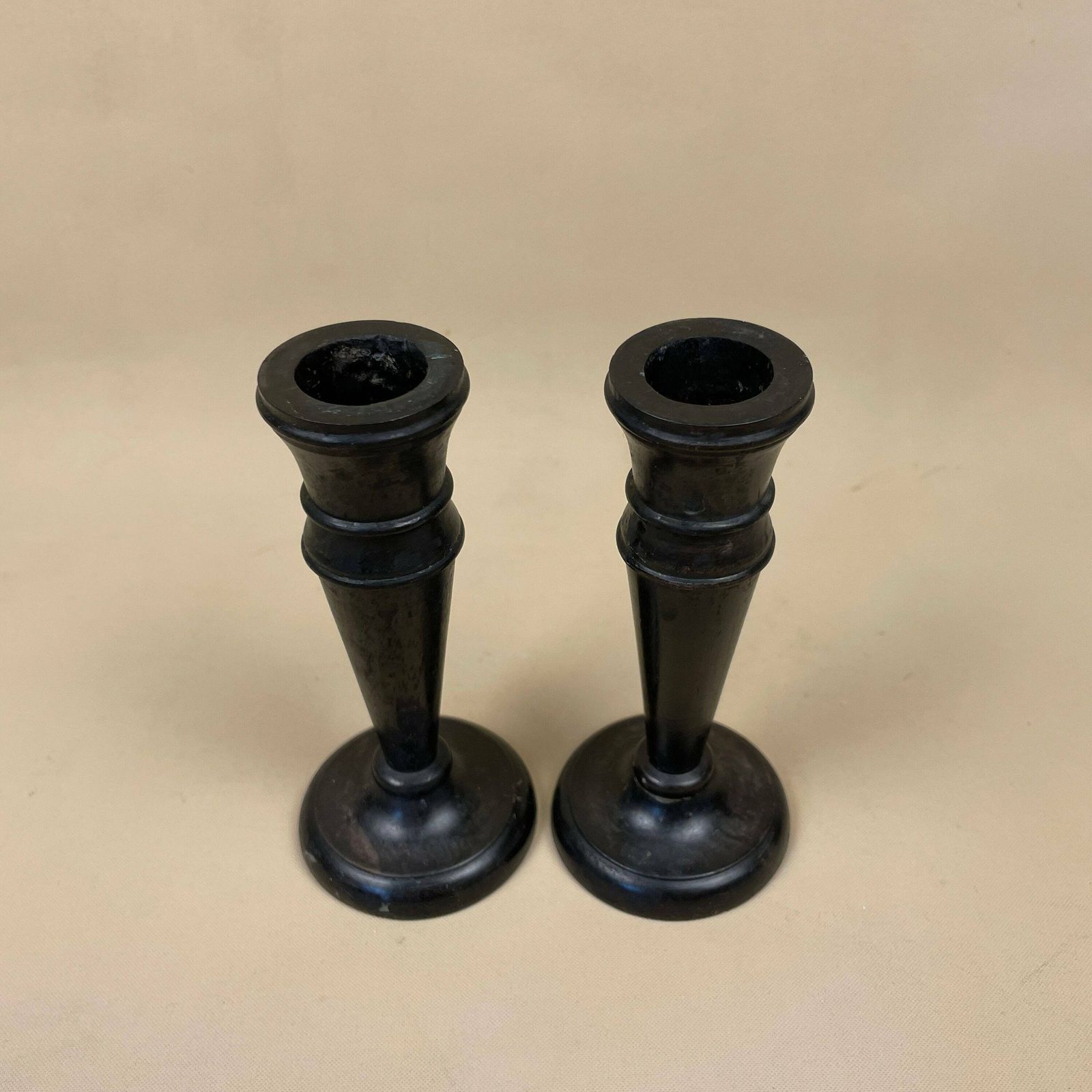 Antique Vintage Matching Pair Wooden Candlestick Candle Stick Vintage Dinner Candlesticks Wood Handmade Cottage Farmhouse Simple Black photo for sale