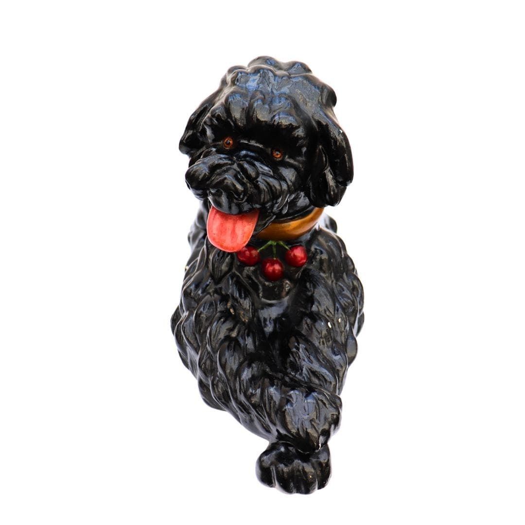 Large Mid Century British Black Chalkware Poodle Dog With Red Cherries Collar Glass |Eyes Sculpture In Resting Position 22 Inches Long photo for sale