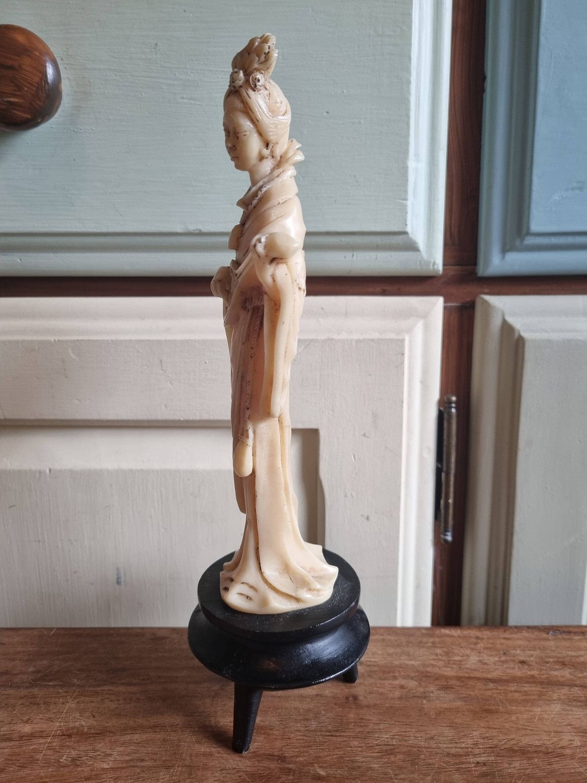 Japanese Geisha Resin Figurine | Traditional Asian Woman Sculpture | Kimono Figure On Stand | 1960s Asian Statue, Oriental Girl Holding Ruan photo vintage