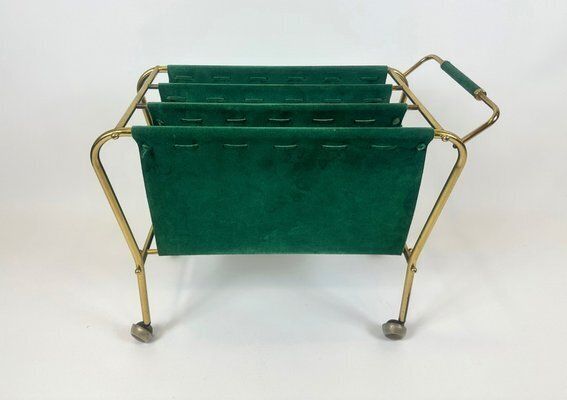 Mid Century Brass And Leather Trolley Magazine Rack, 1950s photo furniture