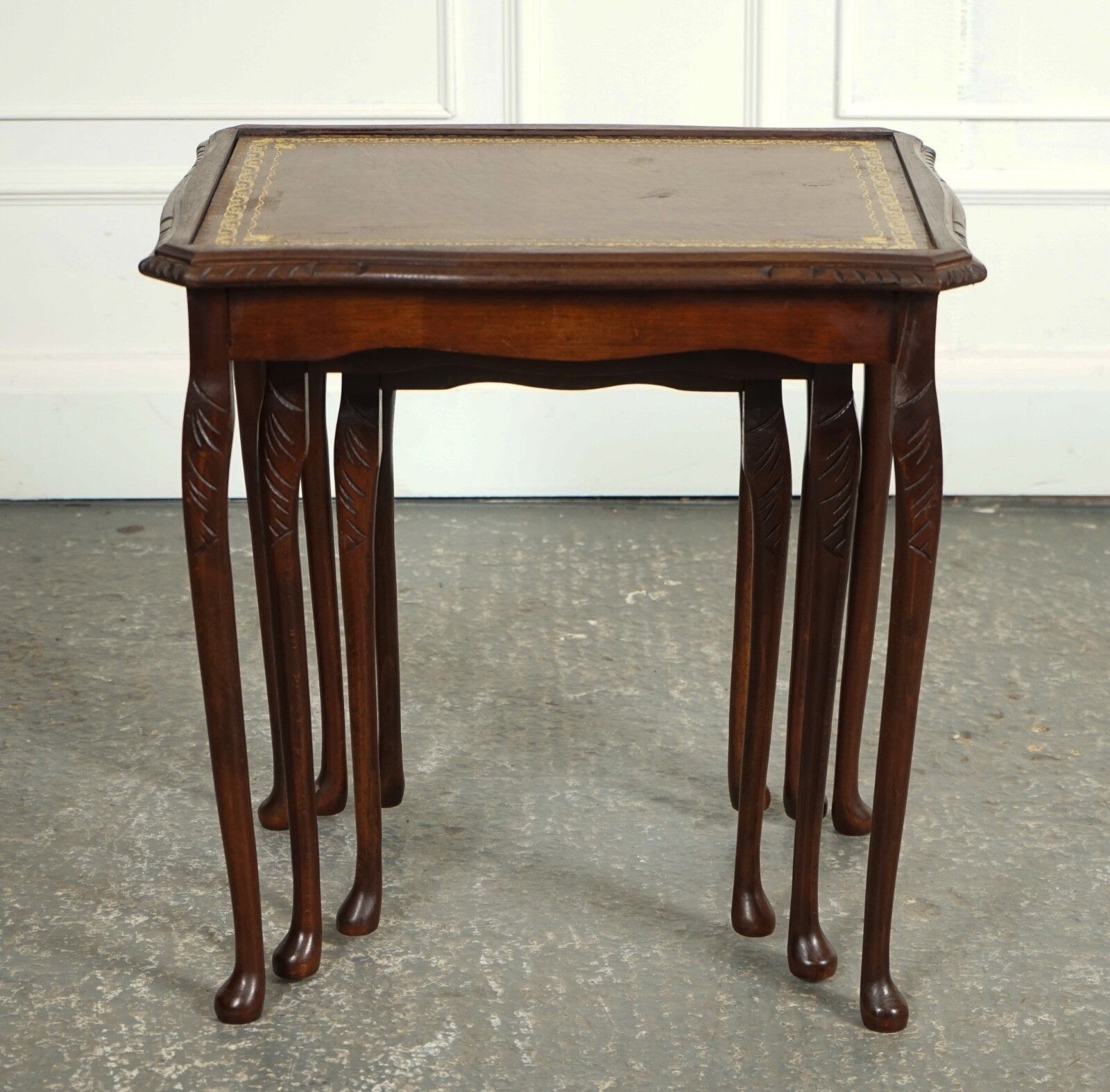 Vintage Nest Of Tables Queen Anne Style Legs With Brown Embossed Leather Top photo buy