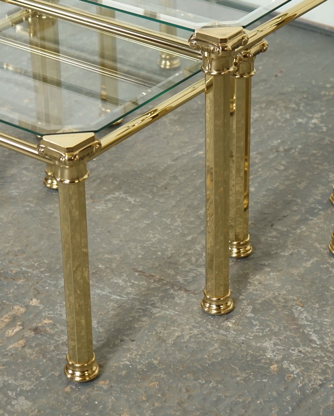 Set Of 1970's Hollywood Regency Golden Brass Glass Nest Of Tables Side Table  J1 photo 1650.0