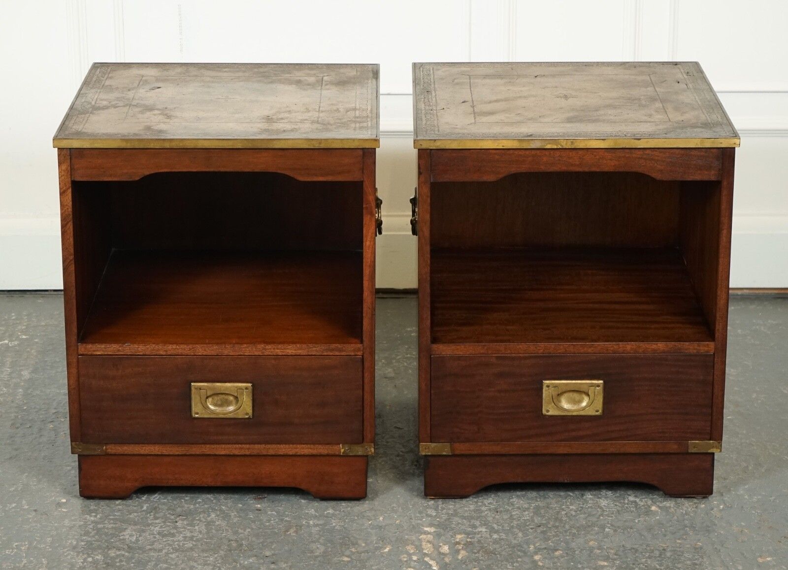 Vintage Pair Of Military Campaign Bedside Tables Nightstands Brown Leather Topj1 photo for sale