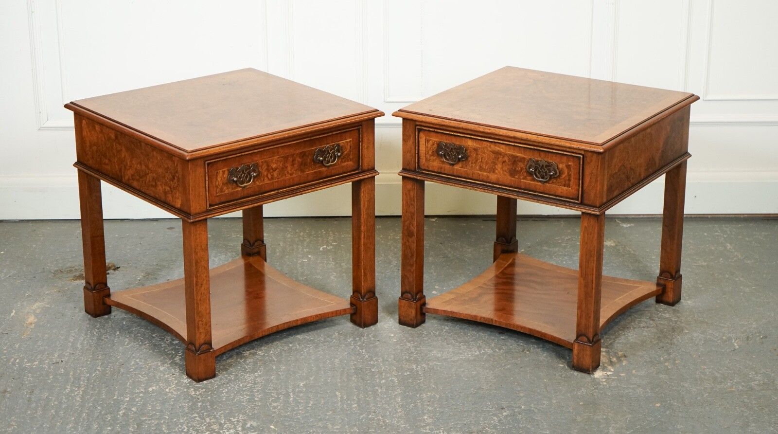 Pair Burr Walnut Bedside Nightstands End Side Lamp Tables Brights Of Nettlebed photo furniture