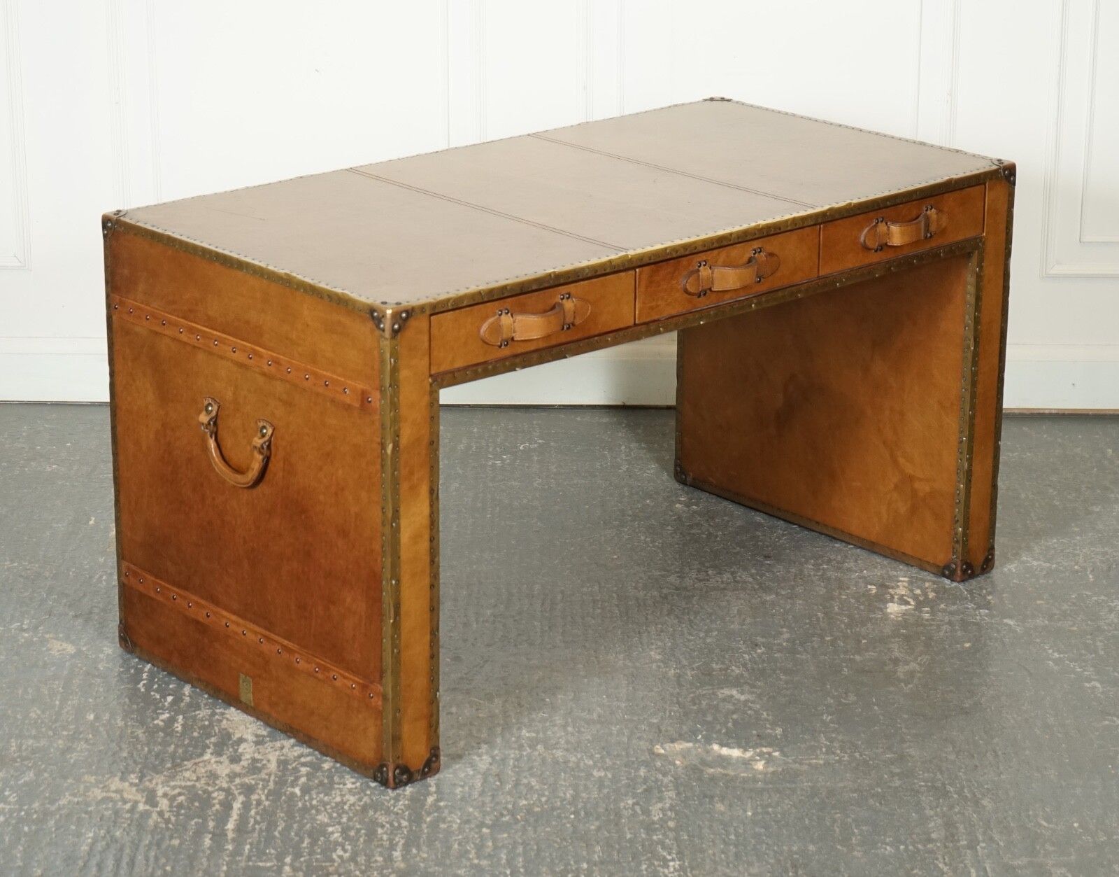 Absolutely Stunning Vintage Full Leather Desk With Three Drawers Made By Esquire photo furniture