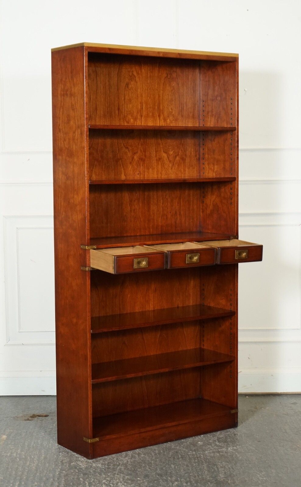 Harrods London Kennedy Three Drawers Burr Yew Wood & Brass Military Bookcase photo for sale