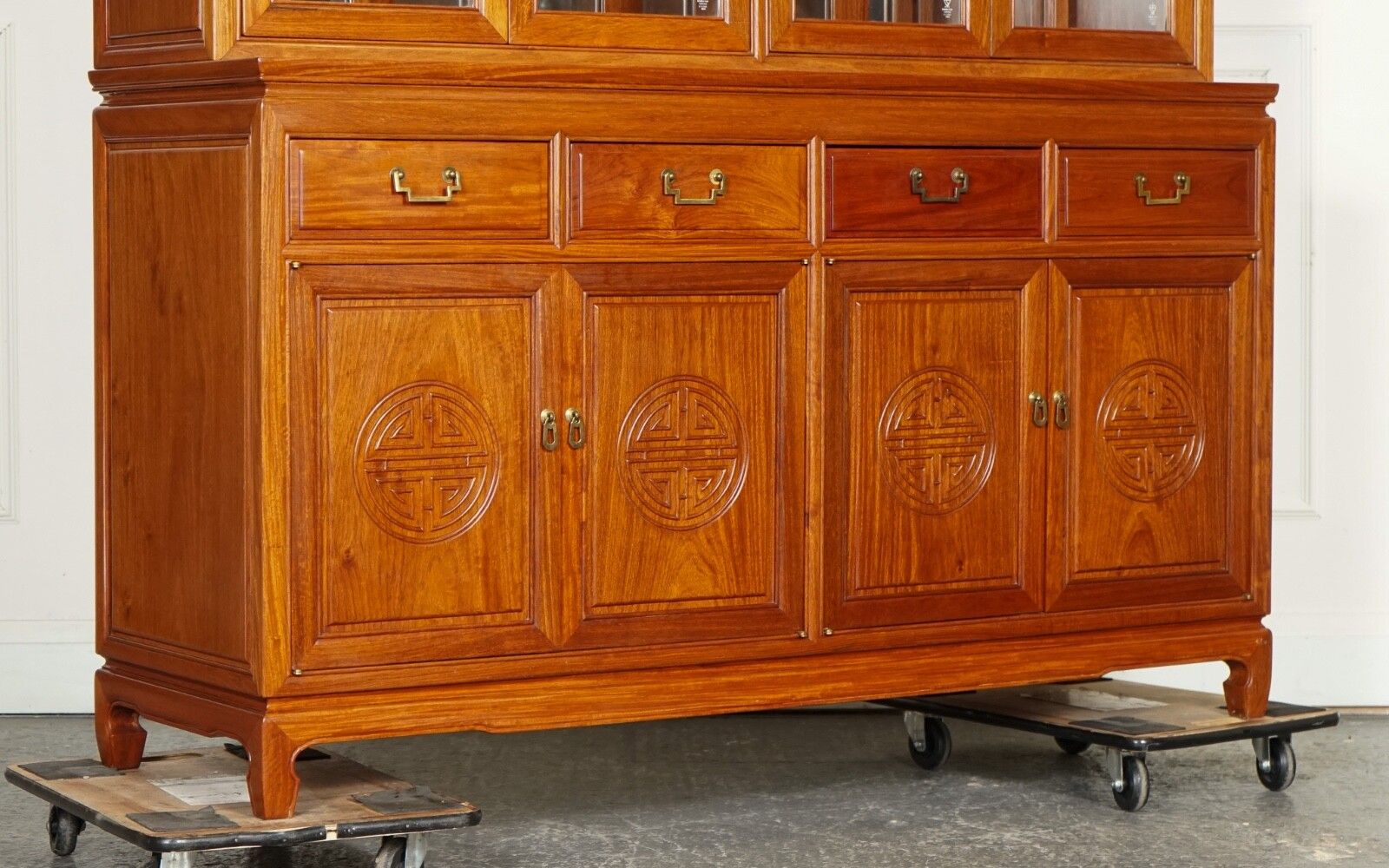Large Vintage Oriental Chinese Carved Solid Hardwood Bookcase Display Cabinet photo Furniture