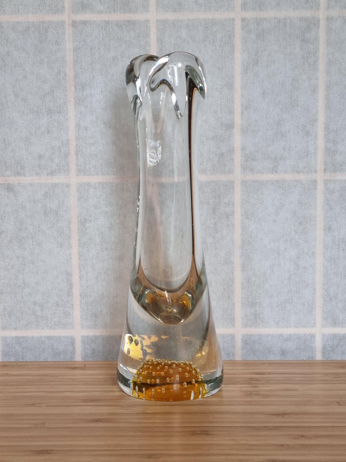 Thomas Webb Flair Vase | David Hammond Design | 1960s British Art Glass | Controlled Bubble Amber Base photo for sale