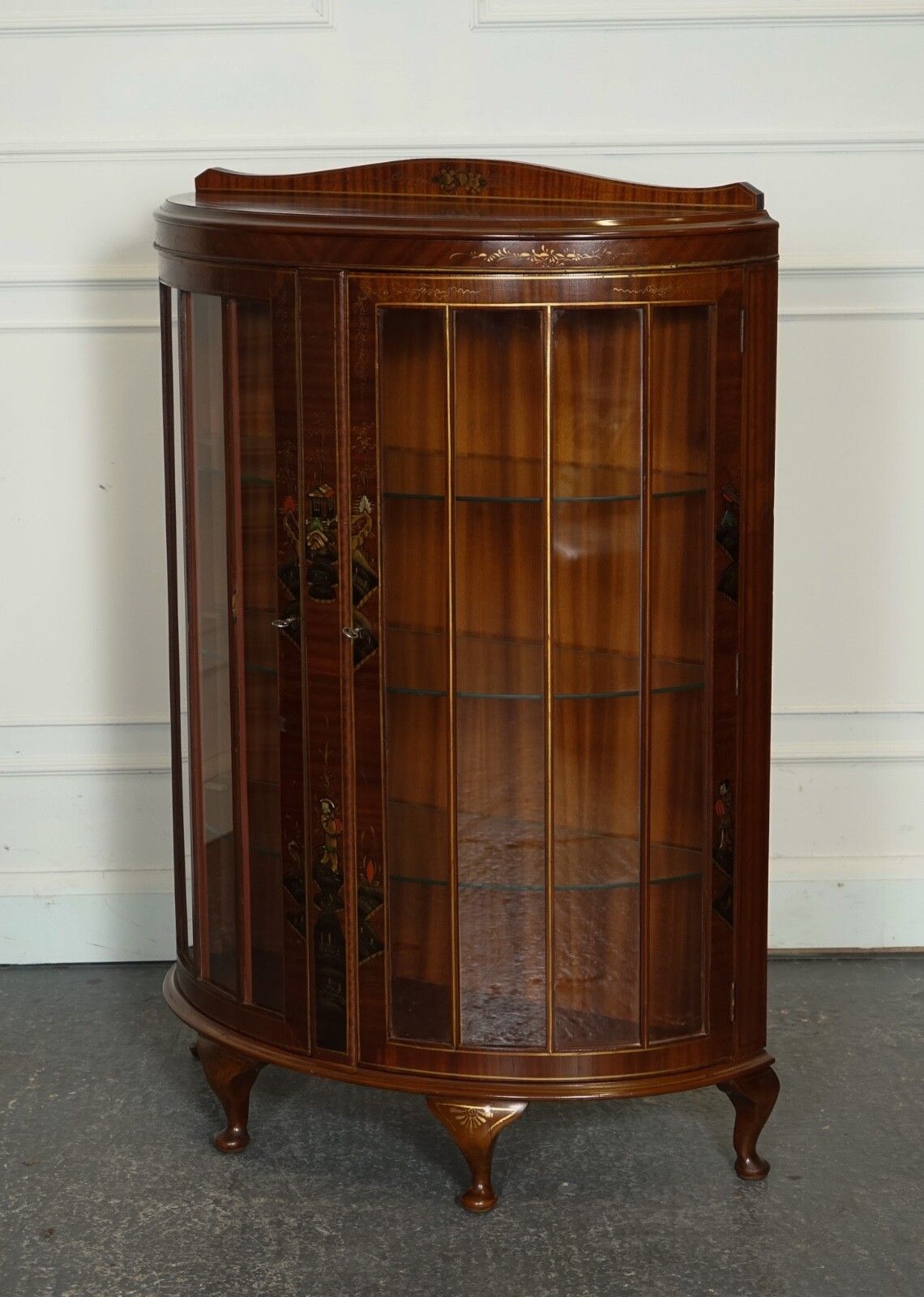 Oriental Chinese Dwarf Bow Front Display Cabinet With Glass Shelves photo for sale