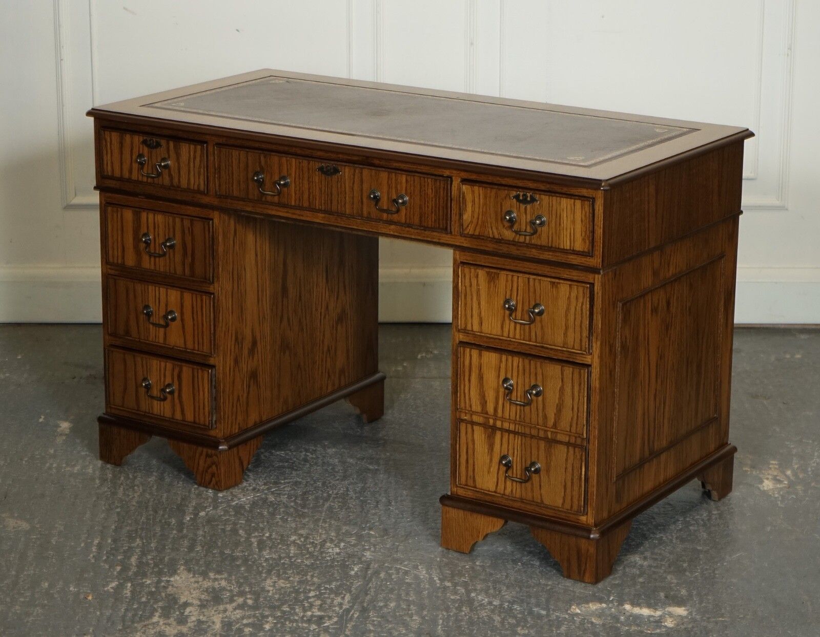 Vintage Oak Office Pedestal Desk Brown Leather Top Part Of Suite photo Furniture