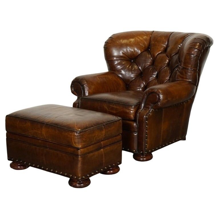 Fully Restored Hand Dyed Leather Writers Reading Armchair With Footstool