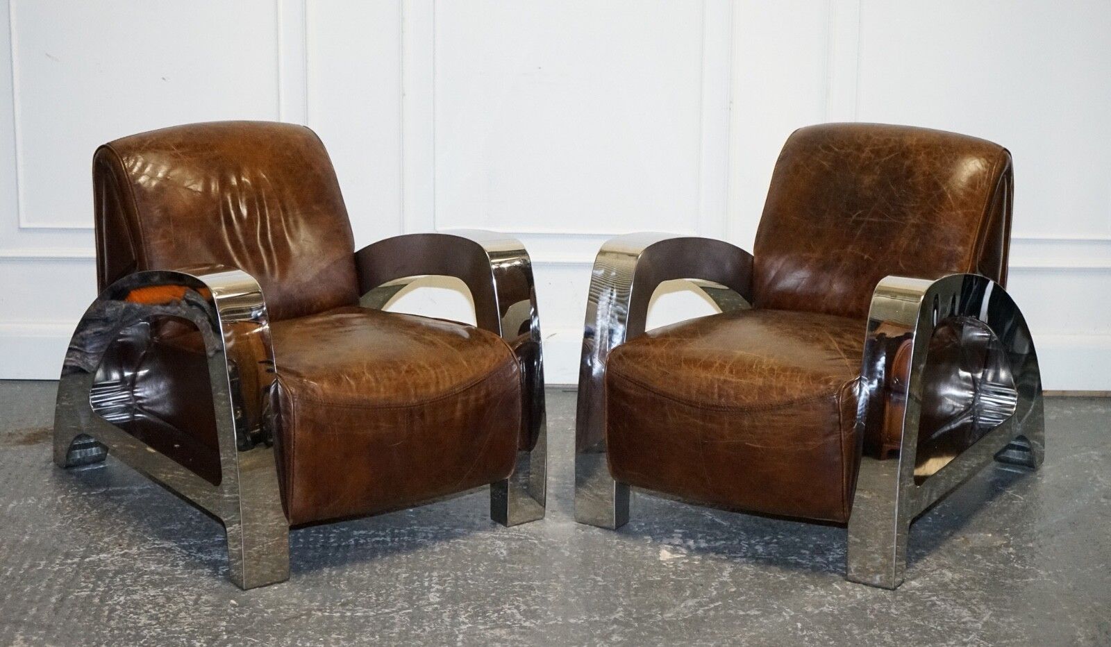 Stunning Pair Of French Art Deco Chrome Aviator Heritage Brown Leather Armchairs photo furniture