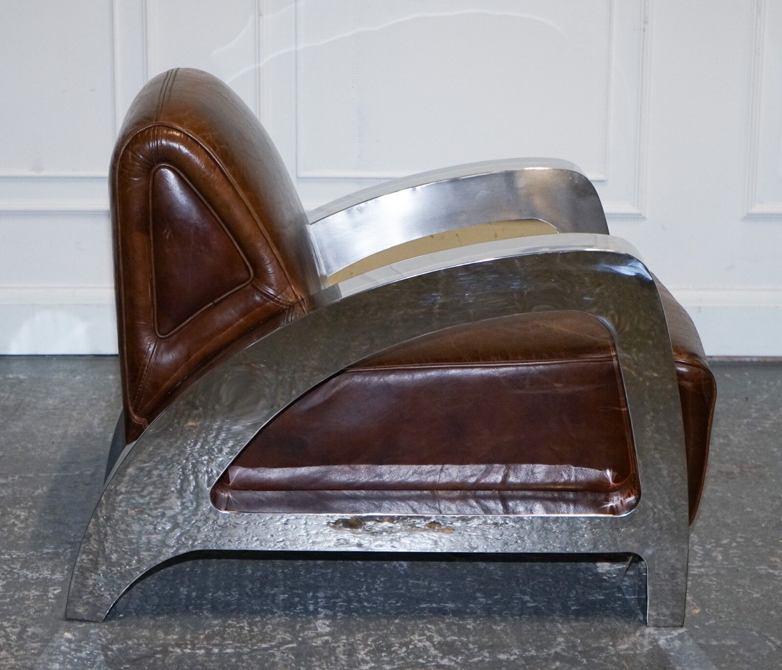 Stunning Pair Of French Art Deco Chrome Aviator Heritage Brown Leather Armchairs photo vinterior