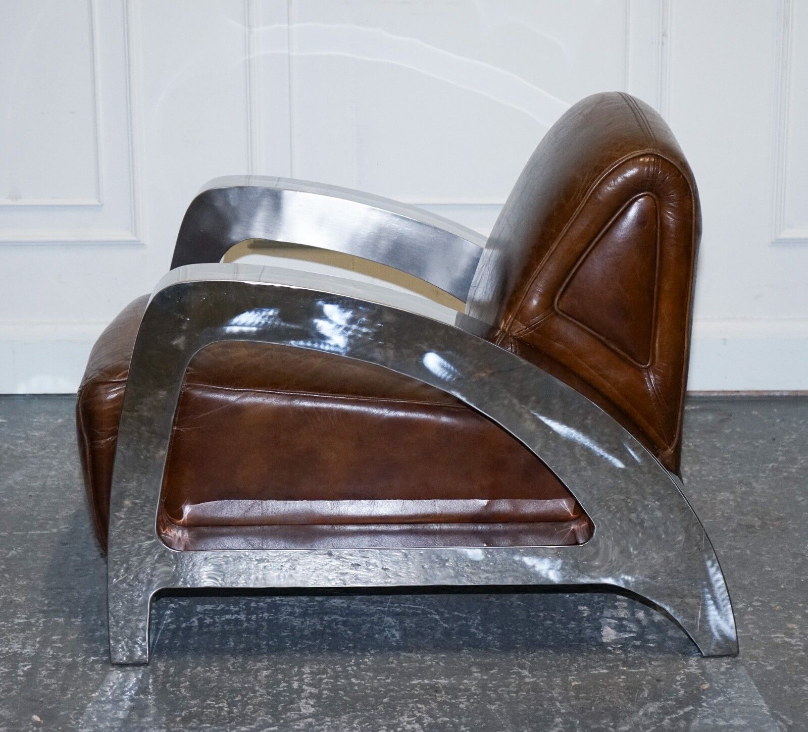 photo for sale Stunning Pair Of French Art Deco Chrome Aviator Heritage Brown Leather Armchairs