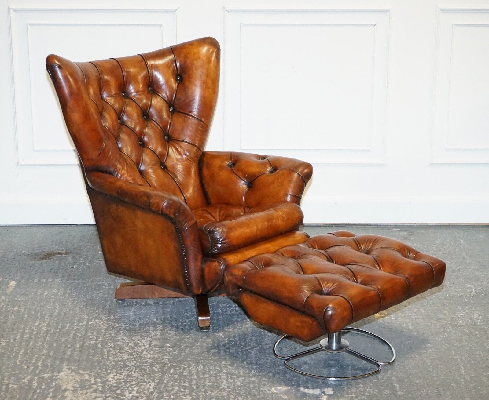 Vintage Fully Restored Hand Dyed Brown Leather Retro Lounge Chair And Footstool photo furniture