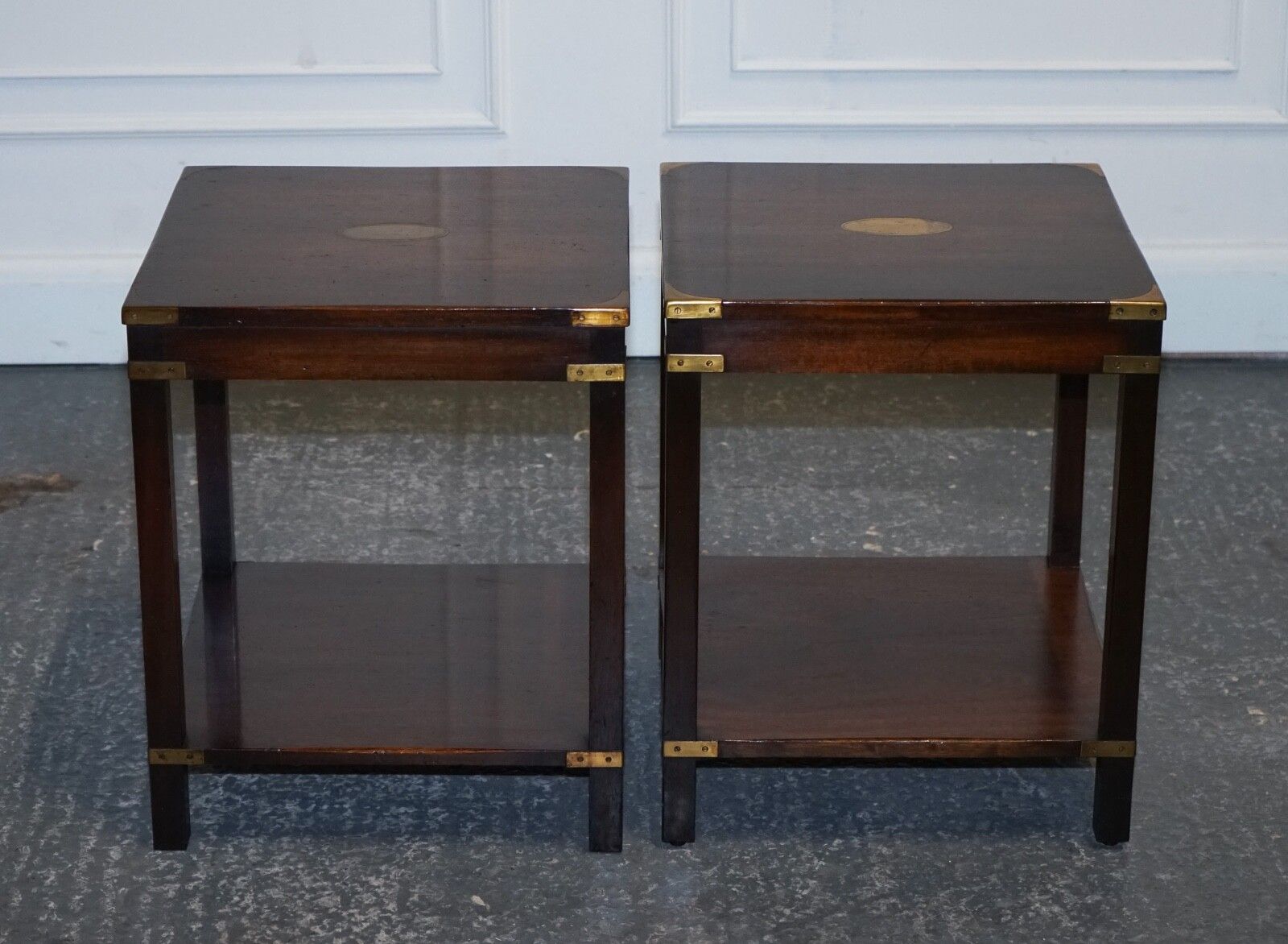 Fine English Pair Of Bevan Funnell Military Campaign Nightstands End Side Tables photo for sale